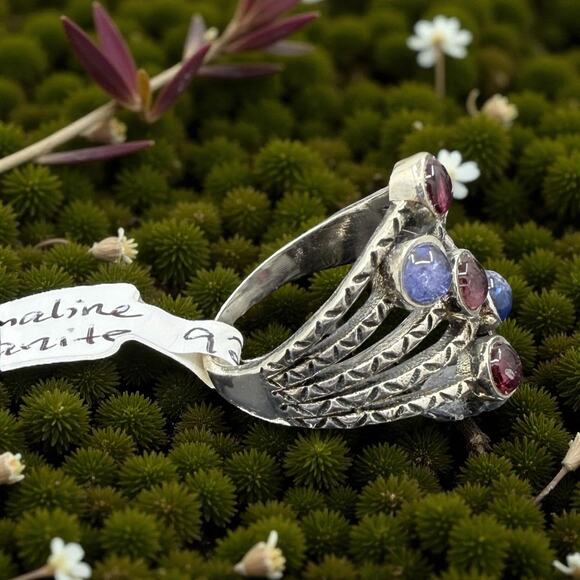 Natural Tanzanite Pink Tourmaline Ring 925 Sterling Silver Size 8 - Picture 4 of 4